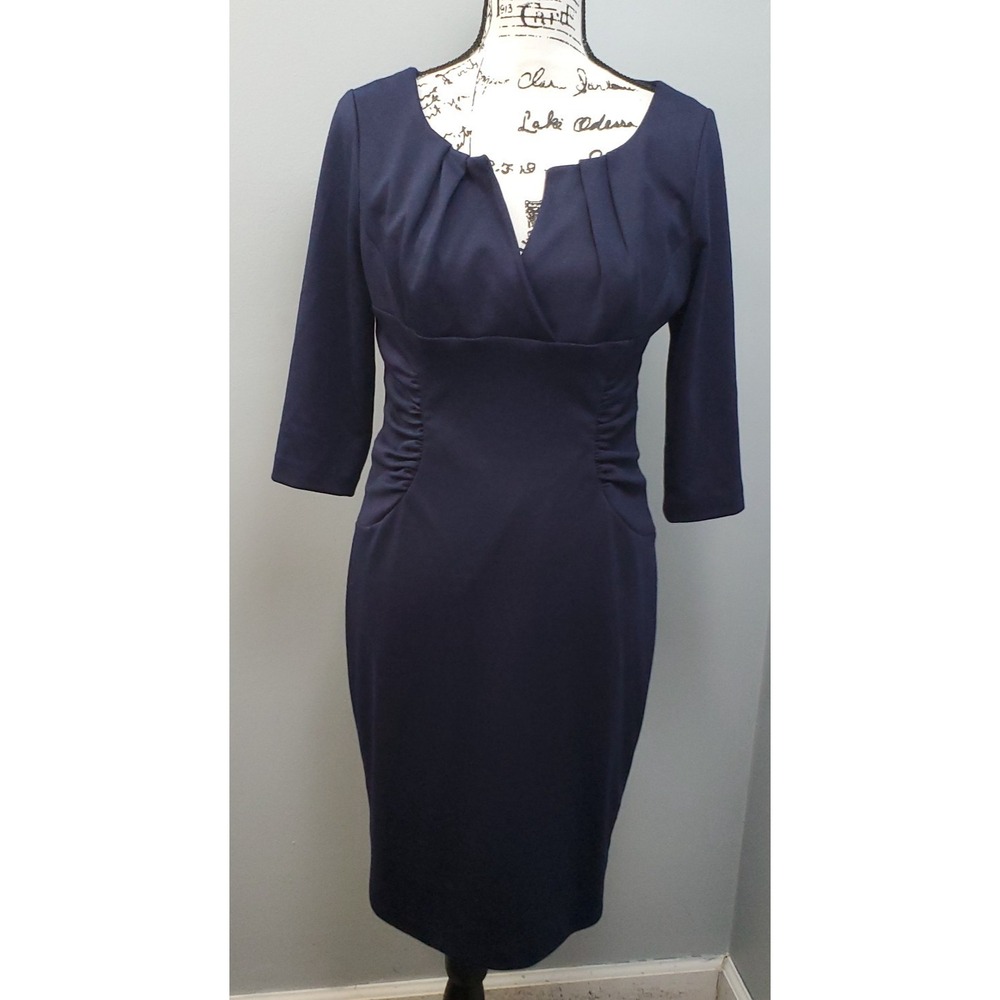 Adrianna Papell Bodycon Dress Women's 8P Navy Ruched Side Split‎ Neck Back Zip